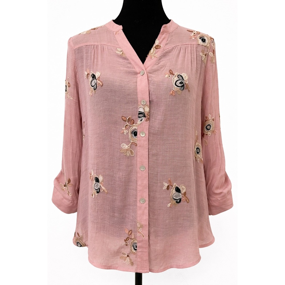 Anthropologie Fig And Flower Womens Blouse Top Small Pink Embroidered Floral